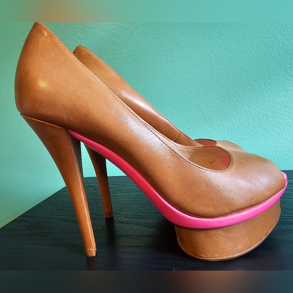 Enzo Angiolini Tan Leather Upper Platform Heels with Pink Accent Women's Size 7